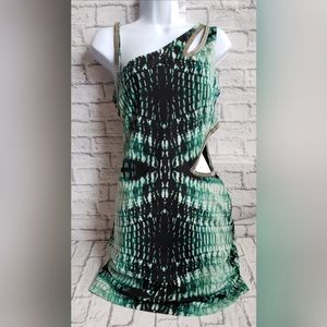 bebe Green and Black One-Shoulder Mini Dress